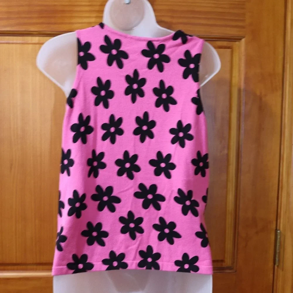 Joseph A. Qu'est Ce Bright Pink with Black Daisy Print Cardigan Sweater & Shell